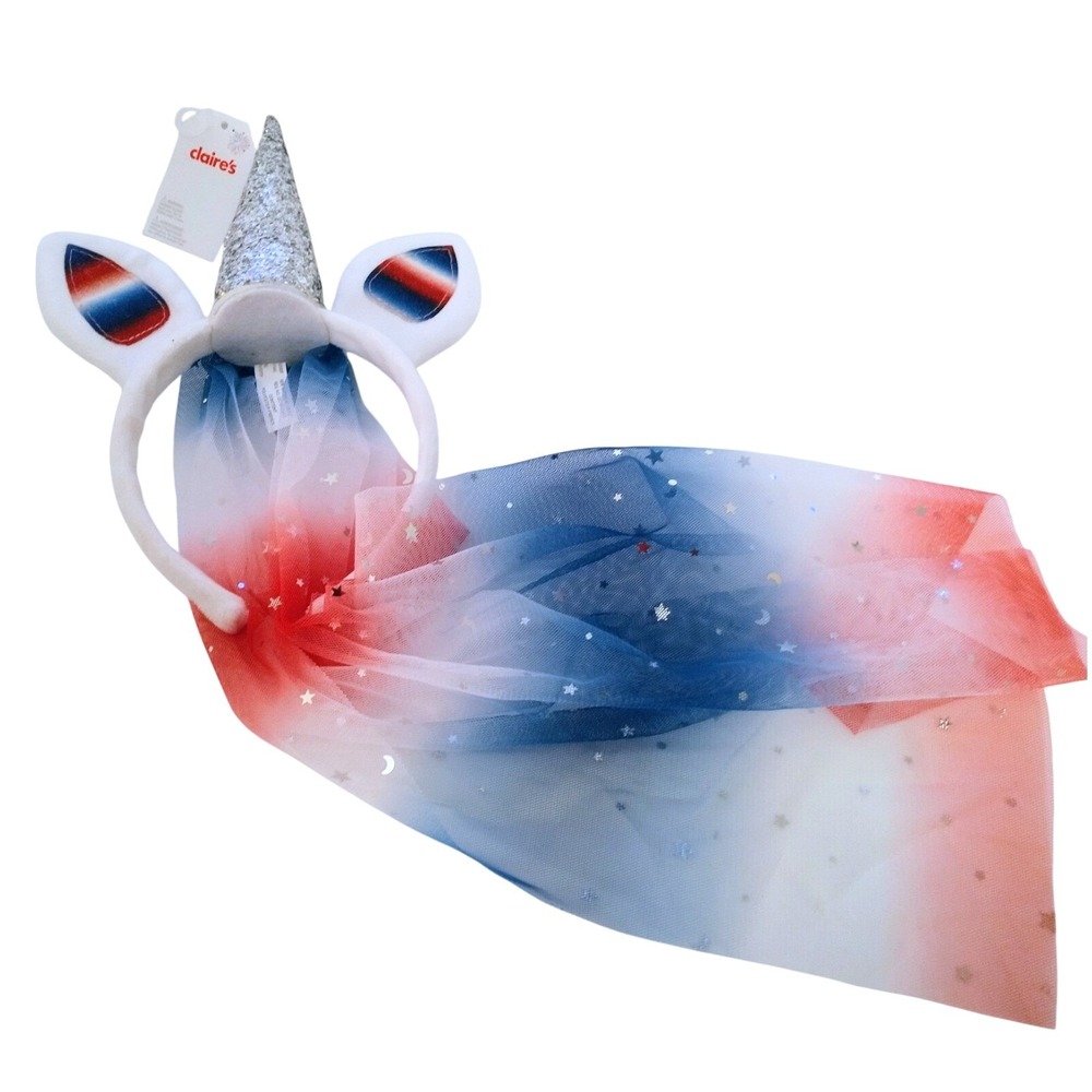 Claire's Unicorn Girls Headband American Patriotic Red White Blue Glitter Veil